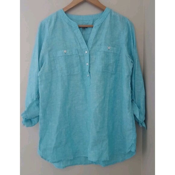 New Talbots 100% Linen V Neck Popover Blouse Size Large Blue Tab Sleeve Coastal - Picture 1 of 9